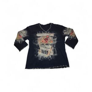 Jess & Jane Womens Floral Lettuce Trim Top Black Whimsigoth Size M